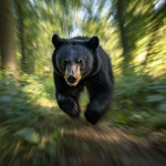 A bear sprinting through the forest with blurred trees behind it.