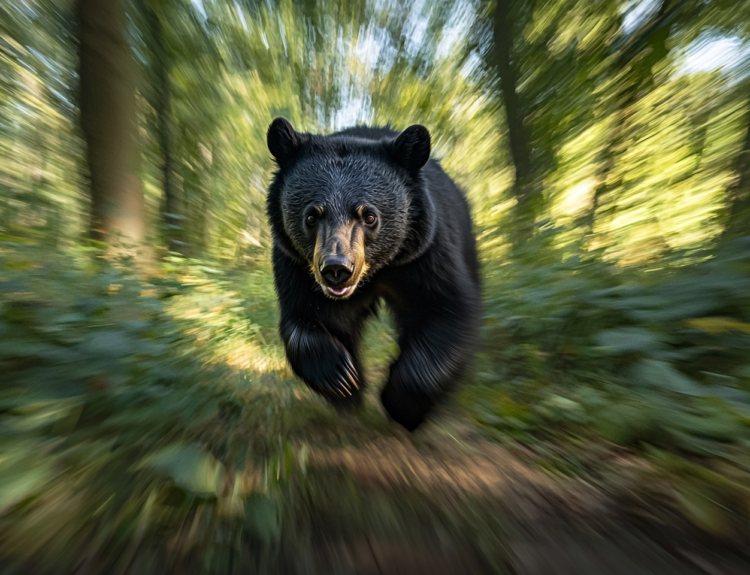 A bear sprinting through the forest with blurred trees behind it.