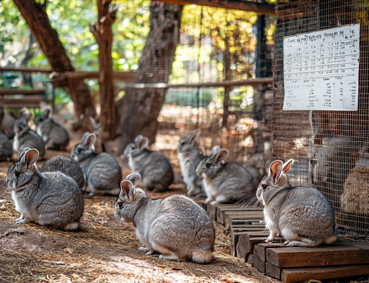 A group of chinchillas together in their breeders cage.