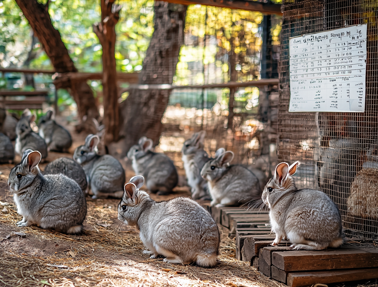A group of chinchillas together in their breeders cage.