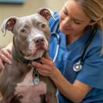 A veterinarian carefully examining a Pit Bull Dog during a health checkup.