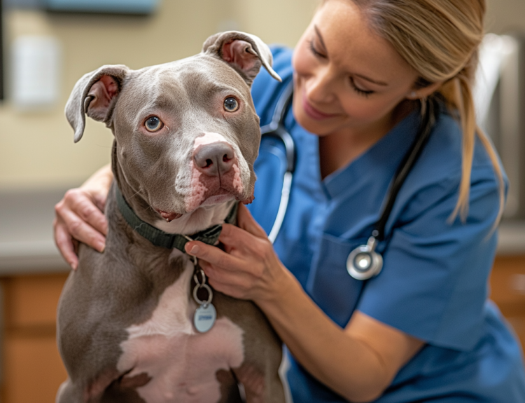 A veterinarian carefully examining a Pit Bull Dog during a health checkup.