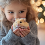 A little girl gently holding her pet hamster.