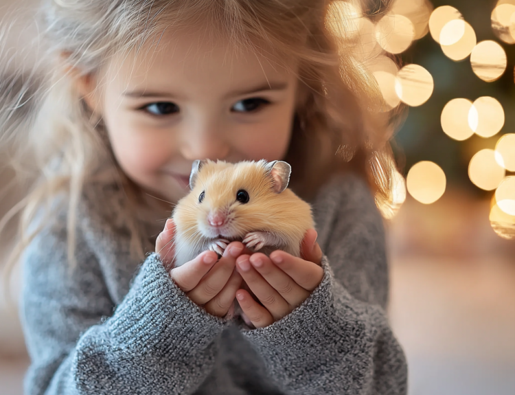 A little girl gently holding her pet hamster.