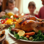 A family having dinner with rotisserie chicken and various side dishes.