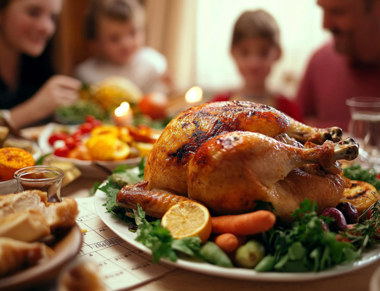 A family having dinner with rotisserie chicken and various side dishes.