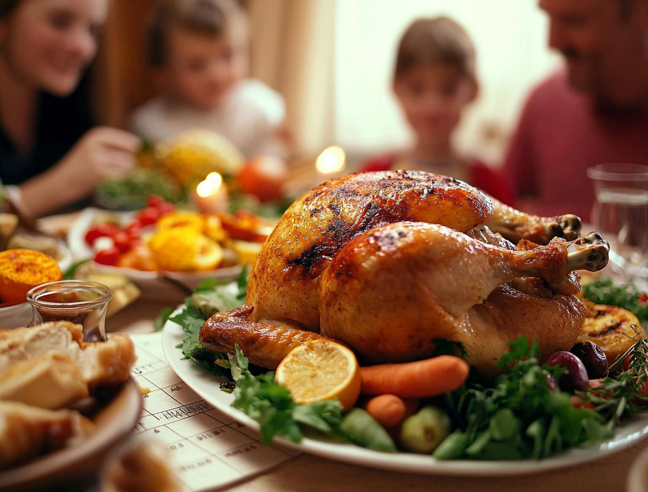 A family having dinner with rotisserie chicken and various side dishes.