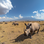 Rhinos walking through the desert of Kenya with a mountain in the distance.