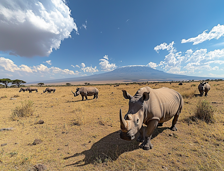 Rhinos walking through the desert of Kenya with a mountain in the distance.