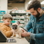 Man considering a French Bulldog puppy at the pet shop for his son.