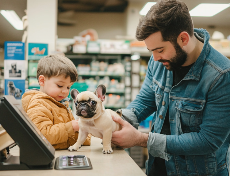 Man considering a French Bulldog puppy at the pet shop for his son.