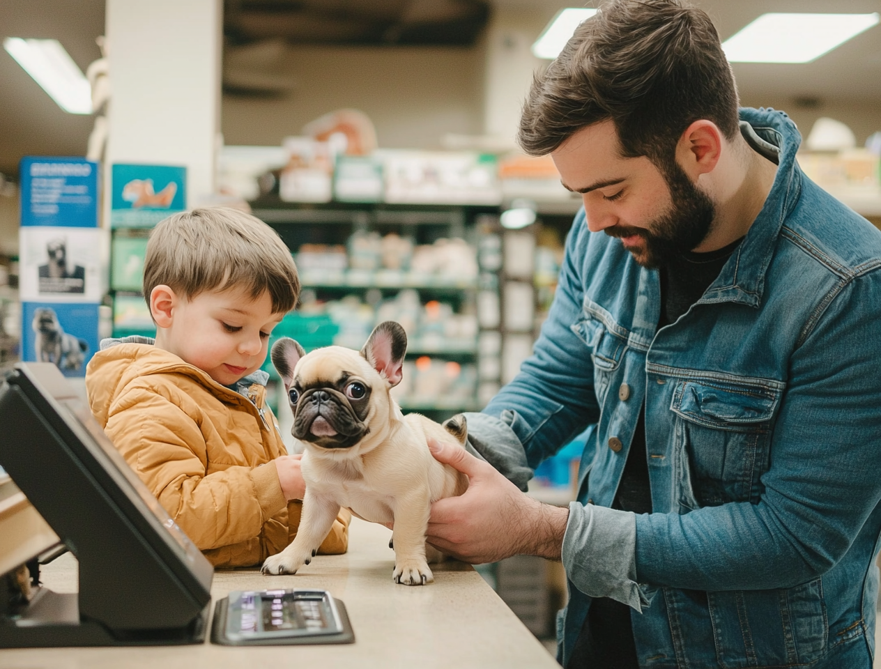 Man considering a French Bulldog puppy at the pet shop for his son.