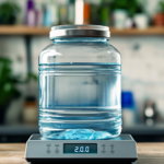 Water container being weighed on a kitchen scale to determine its weight