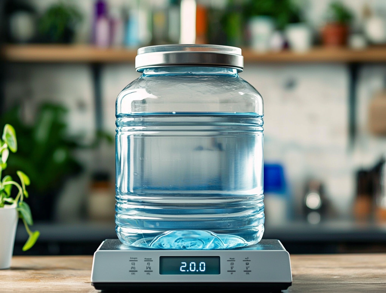 Water container being weighed on a kitchen scale to determine its weight