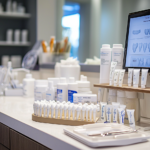 Dental office featuring x-ray monitor and various teeth whitening solutions on the counter.