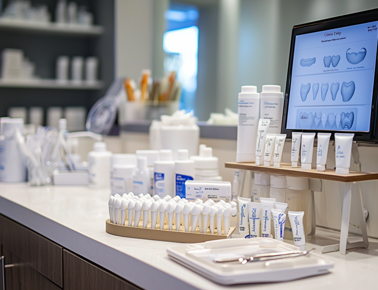 Dental office featuring x-ray monitor and various teeth whitening solutions on the counter.