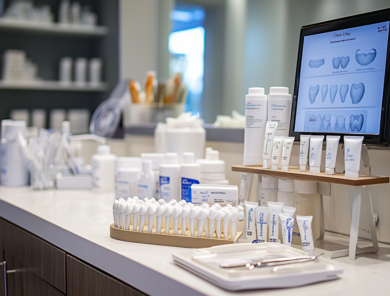 Dental office featuring x-ray monitor and various teeth whitening solutions on the counter.