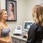 A woman talking to a surgeon about the cost of tummy tuck surgery.