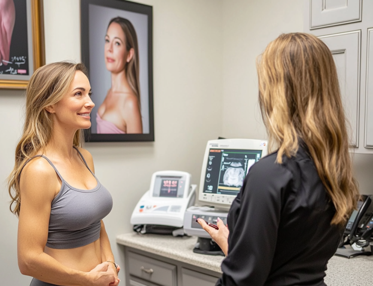 A woman talking to a surgeon about the cost of tummy tuck surgery.