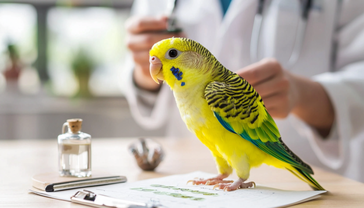 Veterinarian checking a parakeet's health at an animal clinic