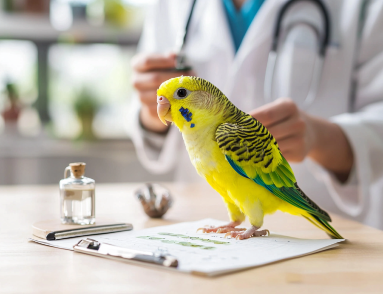 Veterinarian checking a parakeet's health at an animal clinic