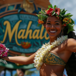 Traditional Hawaiian dancer in front of a Mahalo sign expressing thanks to tourists.