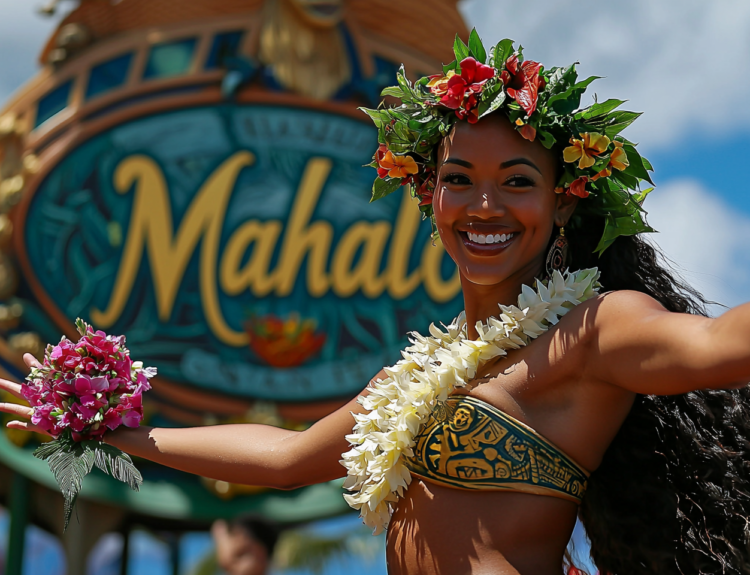 Traditional Hawaiian dancer in front of a Mahalo sign expressing thanks to tourists.