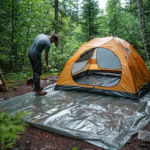 A man securing the base of his tent on wet ground while camping in the forest.