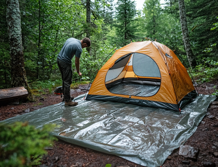 A man securing the base of his tent on wet ground while camping in the forest.