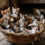 Kittens cuddling together in a basket, looking playful.