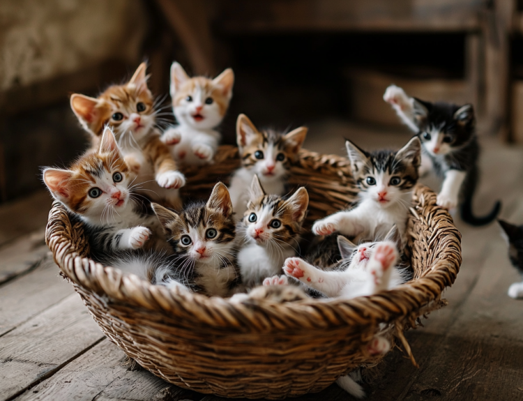 Kittens cuddling together in a basket, looking playful.