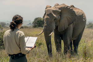 Veterinarian watching an elephant closely, noting its condition on a notepad.