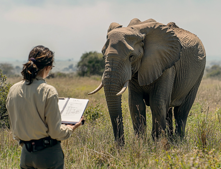 Veterinarian watching an elephant closely, noting its condition on a notepad.