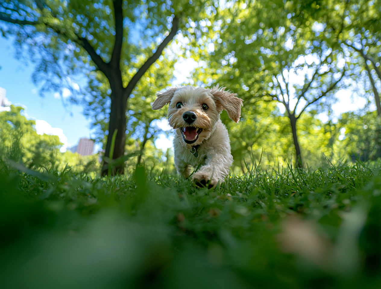 Dog with hiccups playfully running in a backyard.