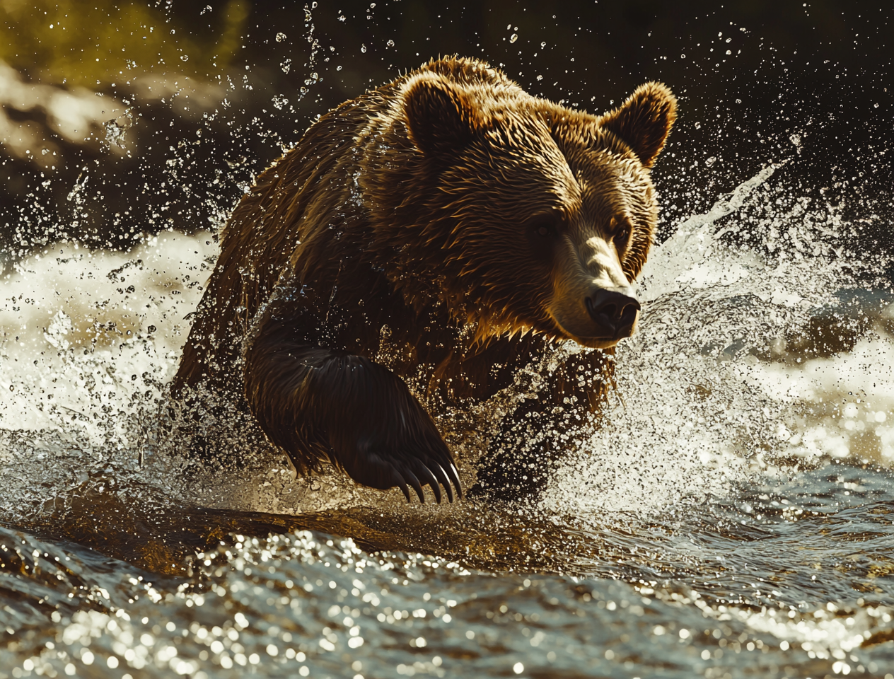 A bear splashing through a river while running at high speed.