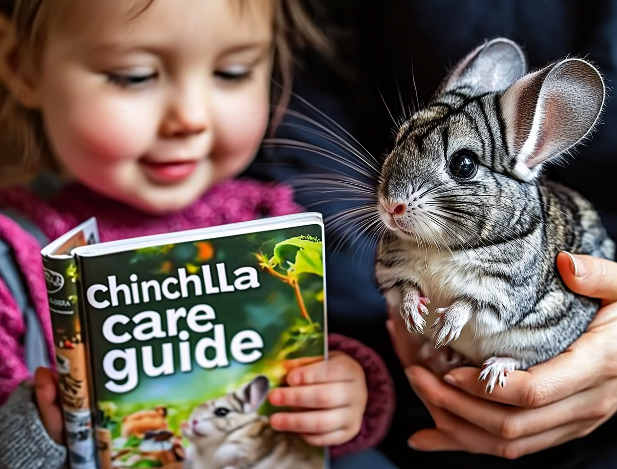 A young girl gently holding her pet chinchilla in her arms.