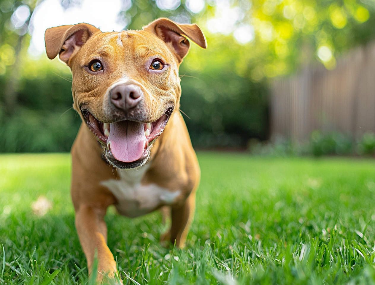 A Pit Bull running joyfully through a grassy backyard, showcasing its strength