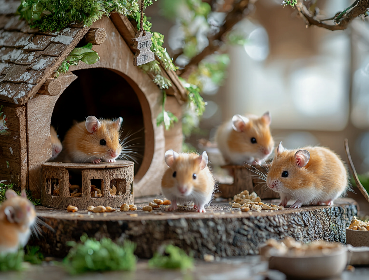 A group of playful hamsters in their habitat.