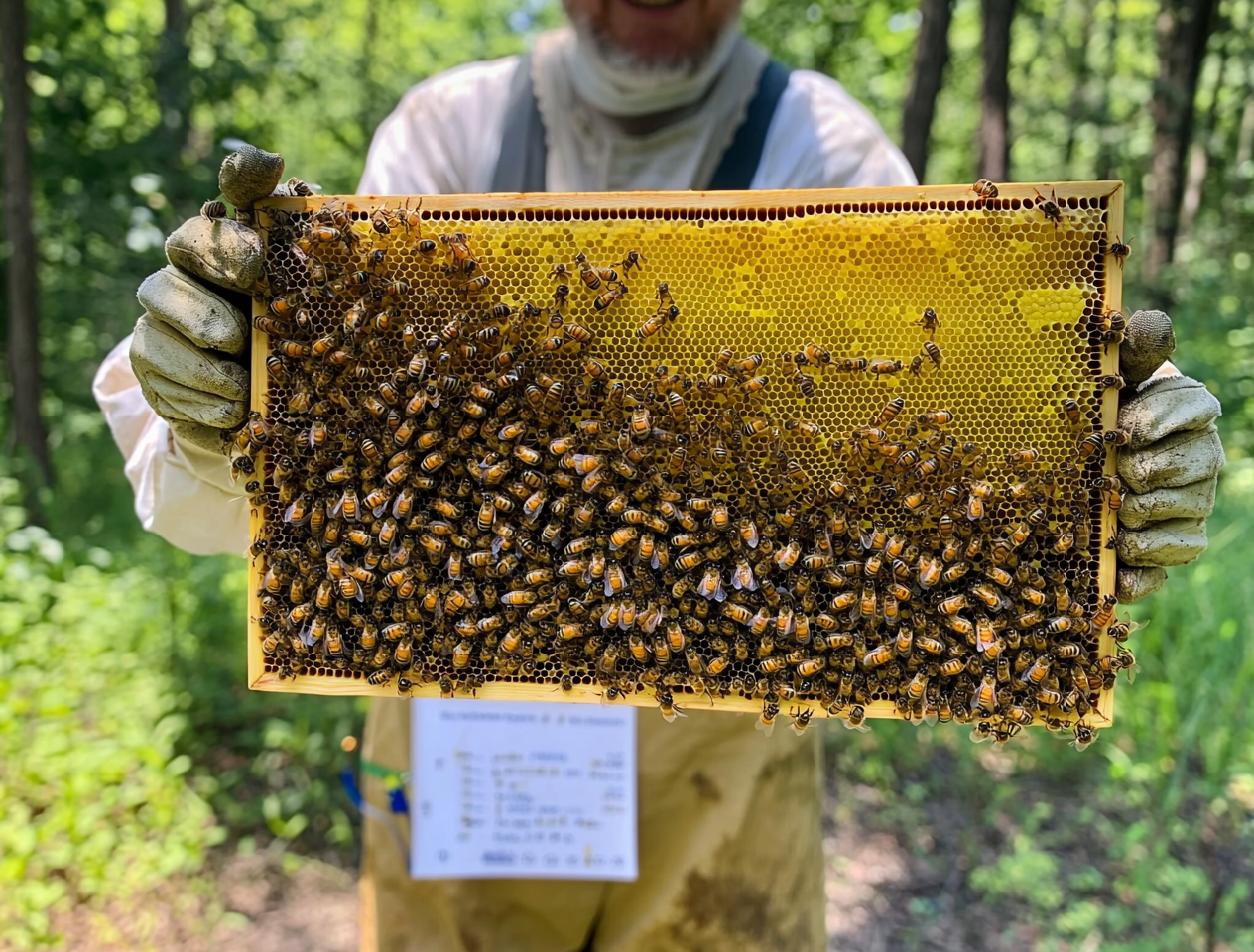 Beekeeper holding honeycomb frame covered with bees, discussing bee lifespan