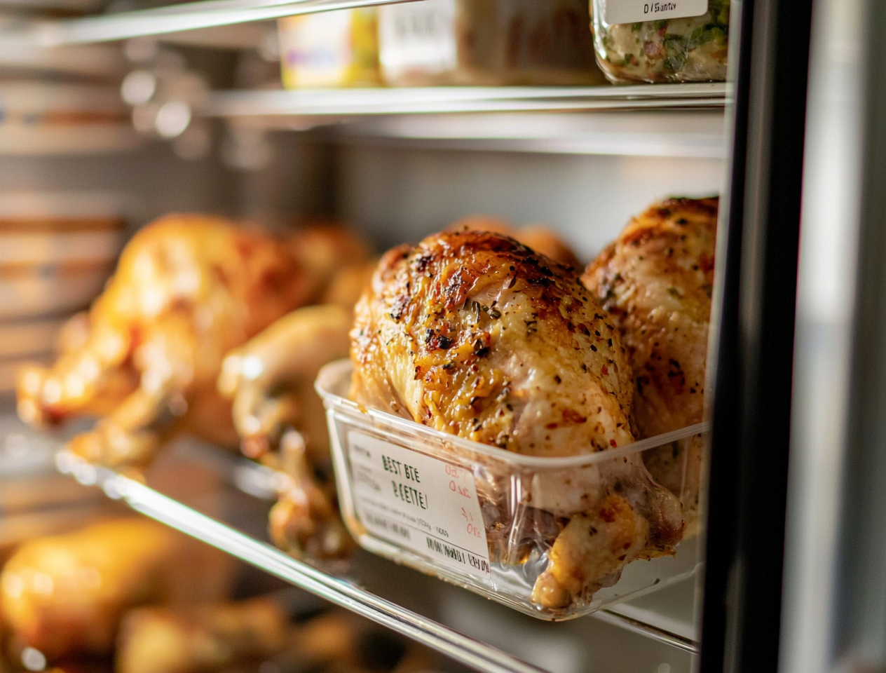 Rotisserie chicken in a refrigerator with an expiration date label visible