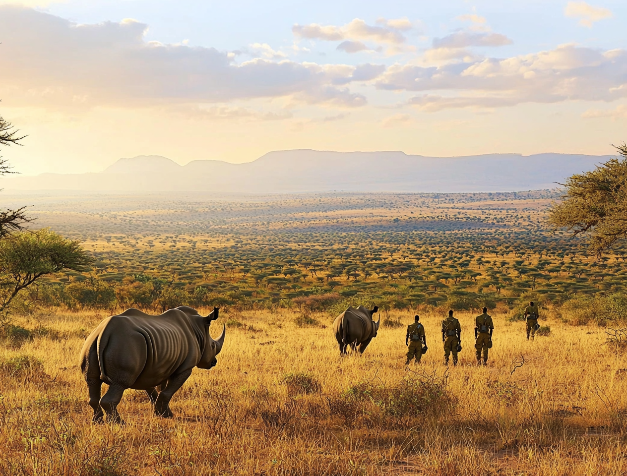 Park rangers guiding rhinos back to the wild desert in Kenya.