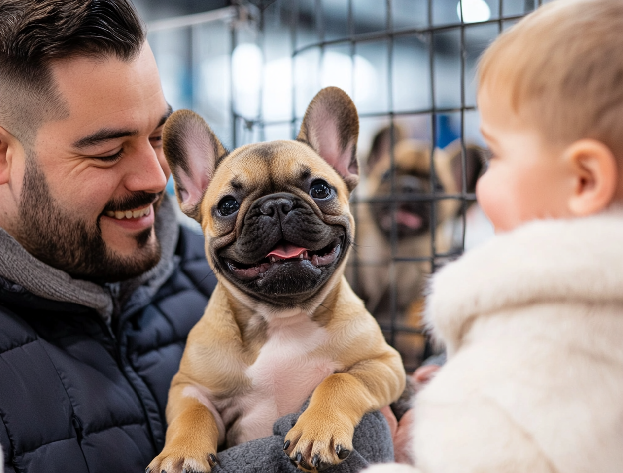 Father showing a French Bulldog to his baby daughter at a dog breeder’s shop.