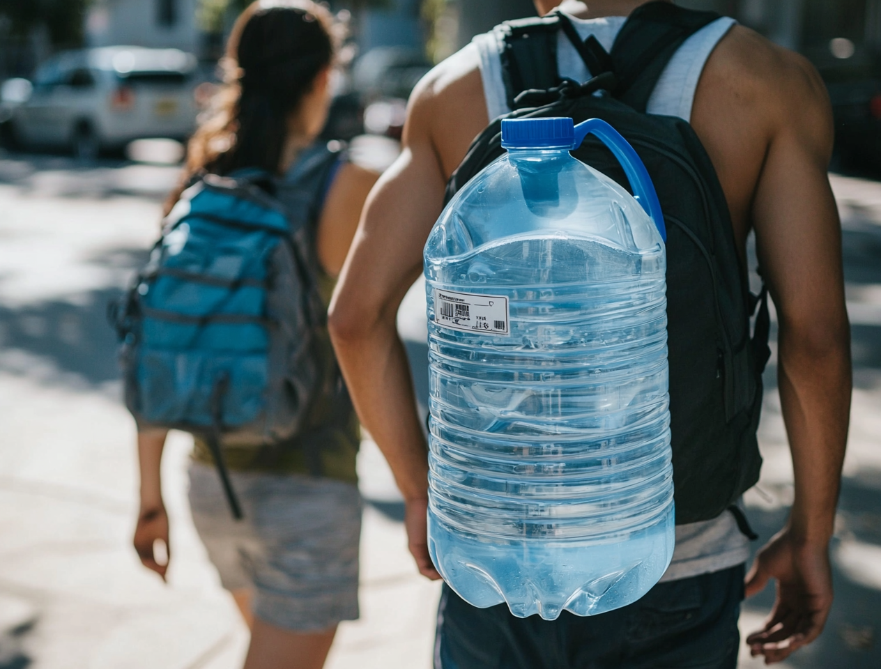 Travelers walking down the street with a 5-gallon water jug attached to a backpack