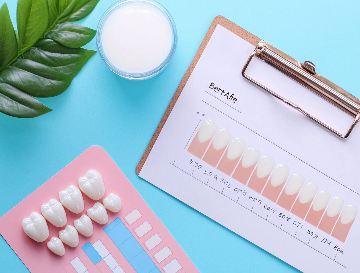 A guide with tooth faces depicting various whitening colors and bleaching styles.