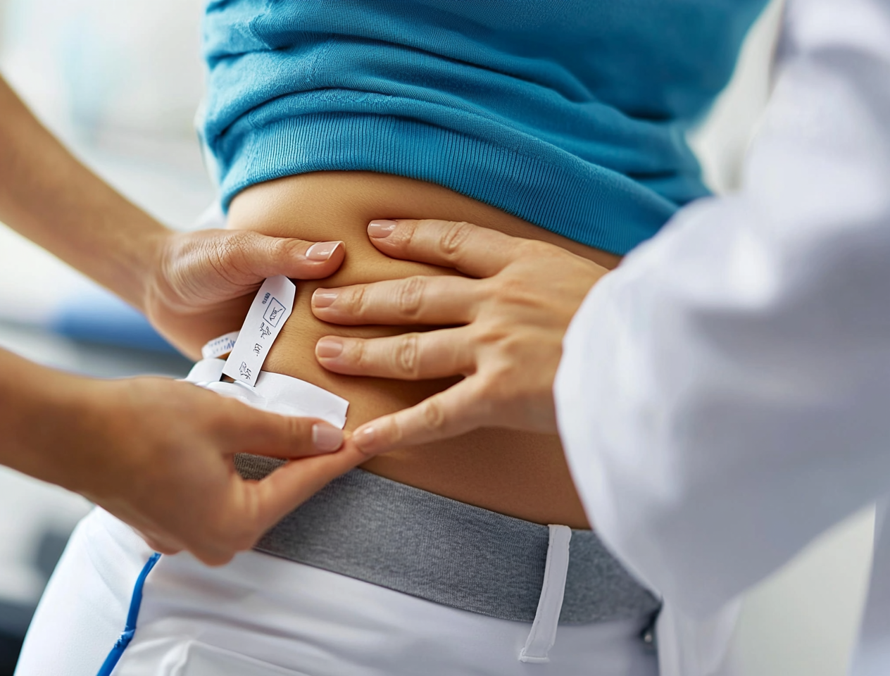 Patient's stomach being measured by doctor and assistant for abdominoplasty procedure.