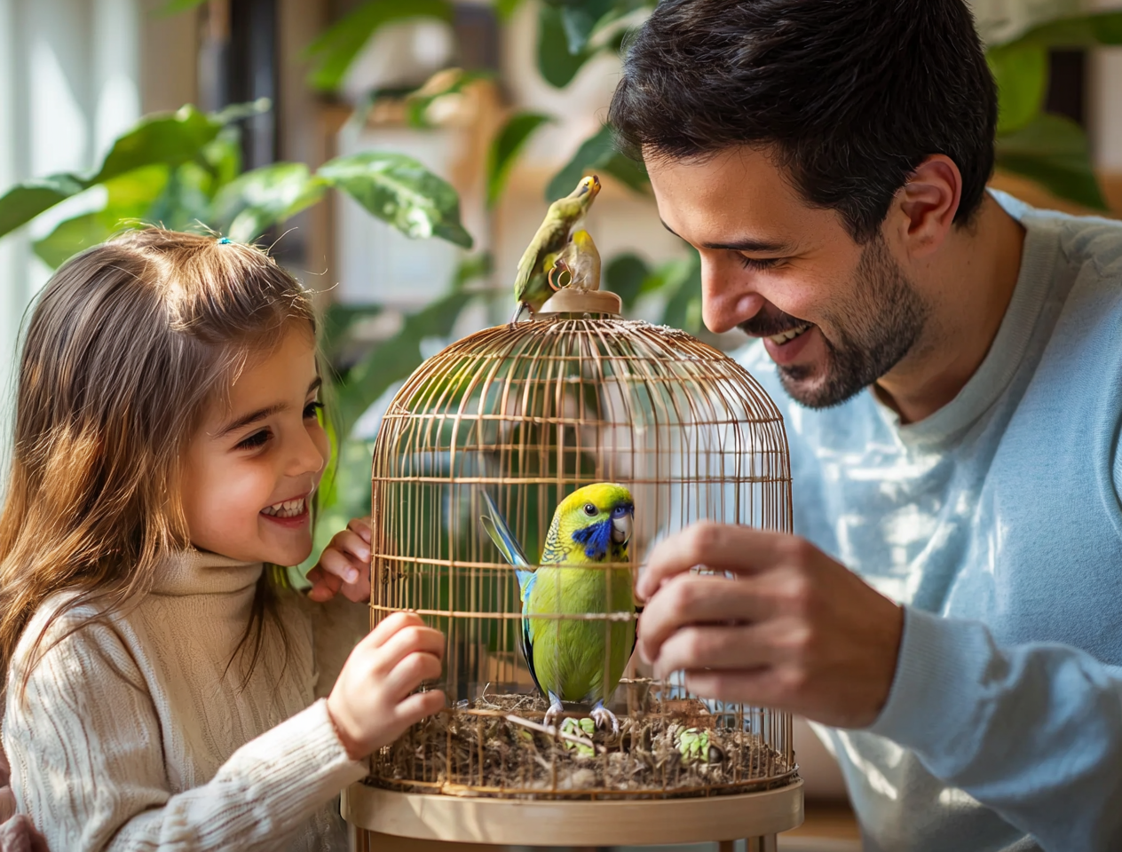 Dad surprises daughter with a parakeet in an elegant gold cage.