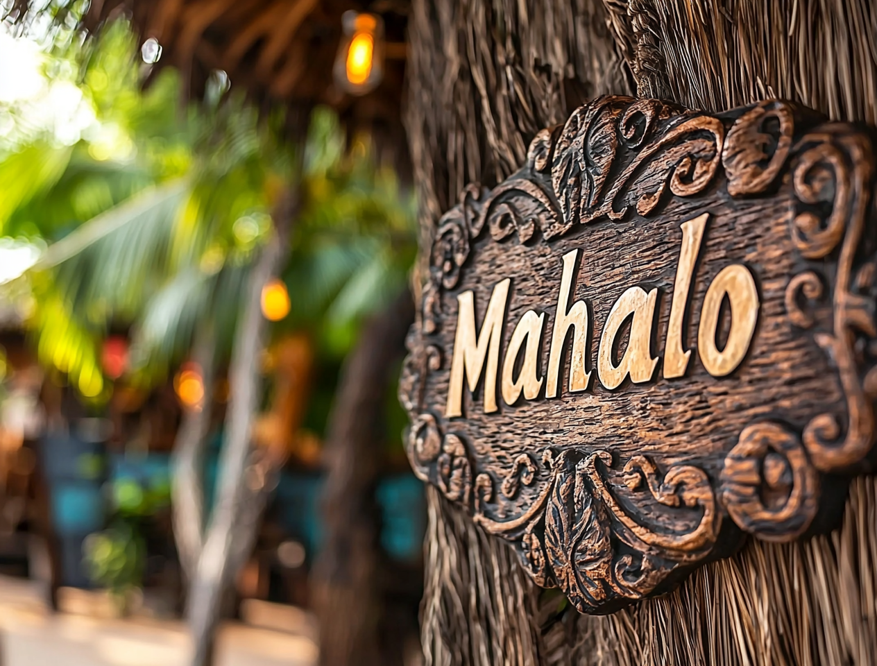 Retail village in Hawaii with a Mahalo sign on a traditional hut.