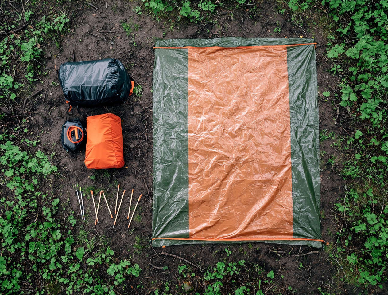 A tent footprint alongside other camping equipment ready for a tent setup.