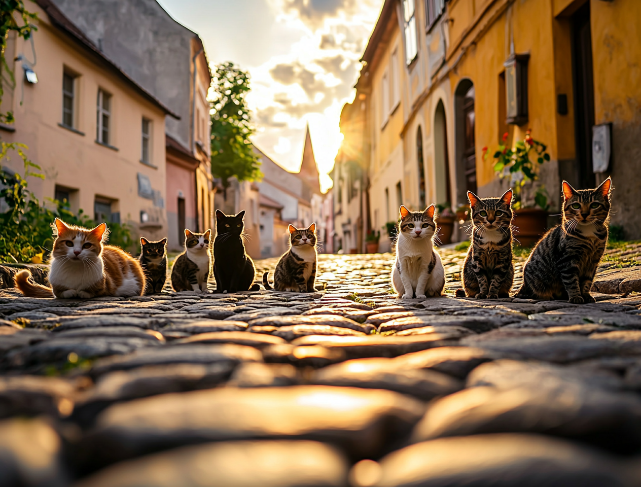 Stray cats roaming through a Mediterranean-style alleyway