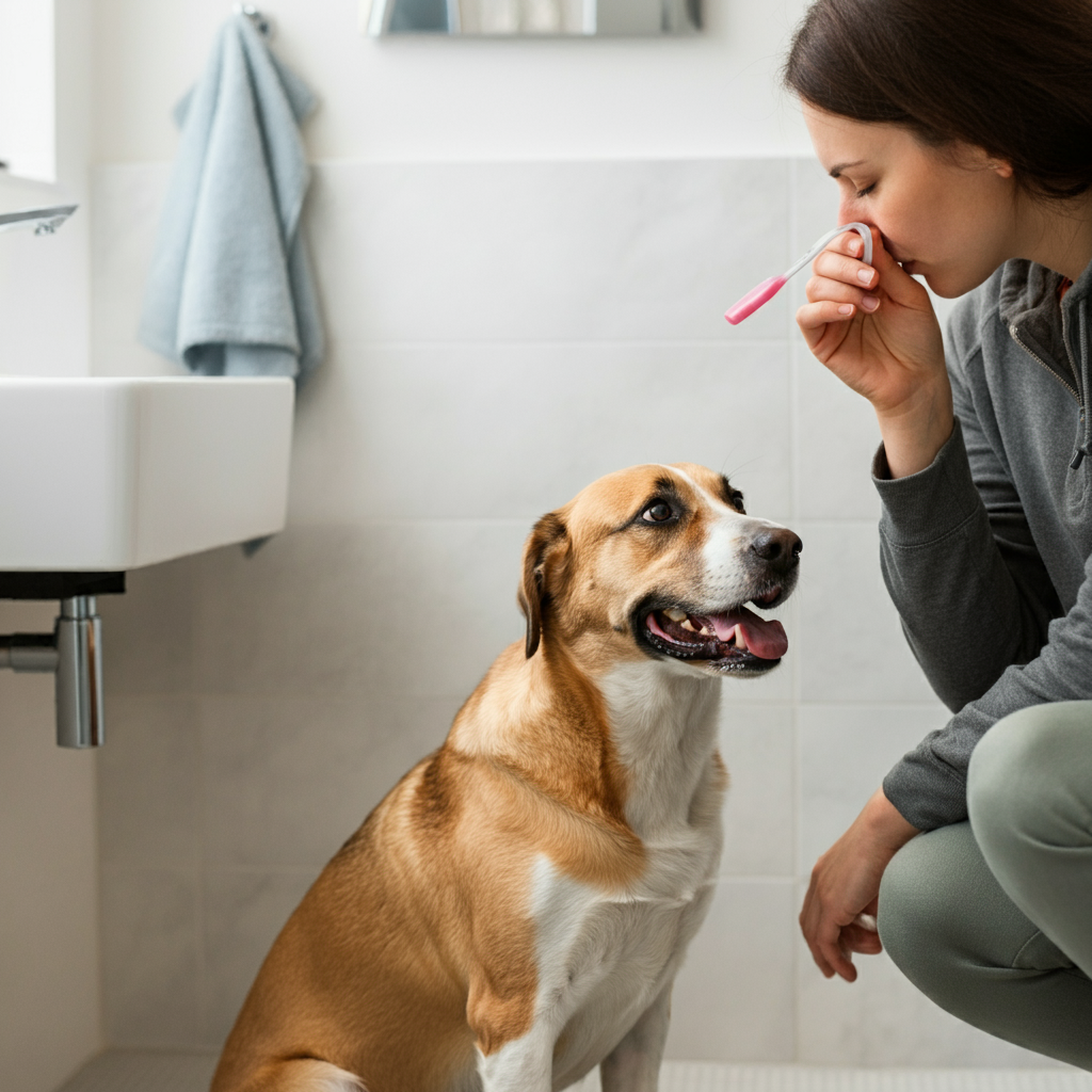 A Dog owner tries to figure out why her dog stinks like fish.